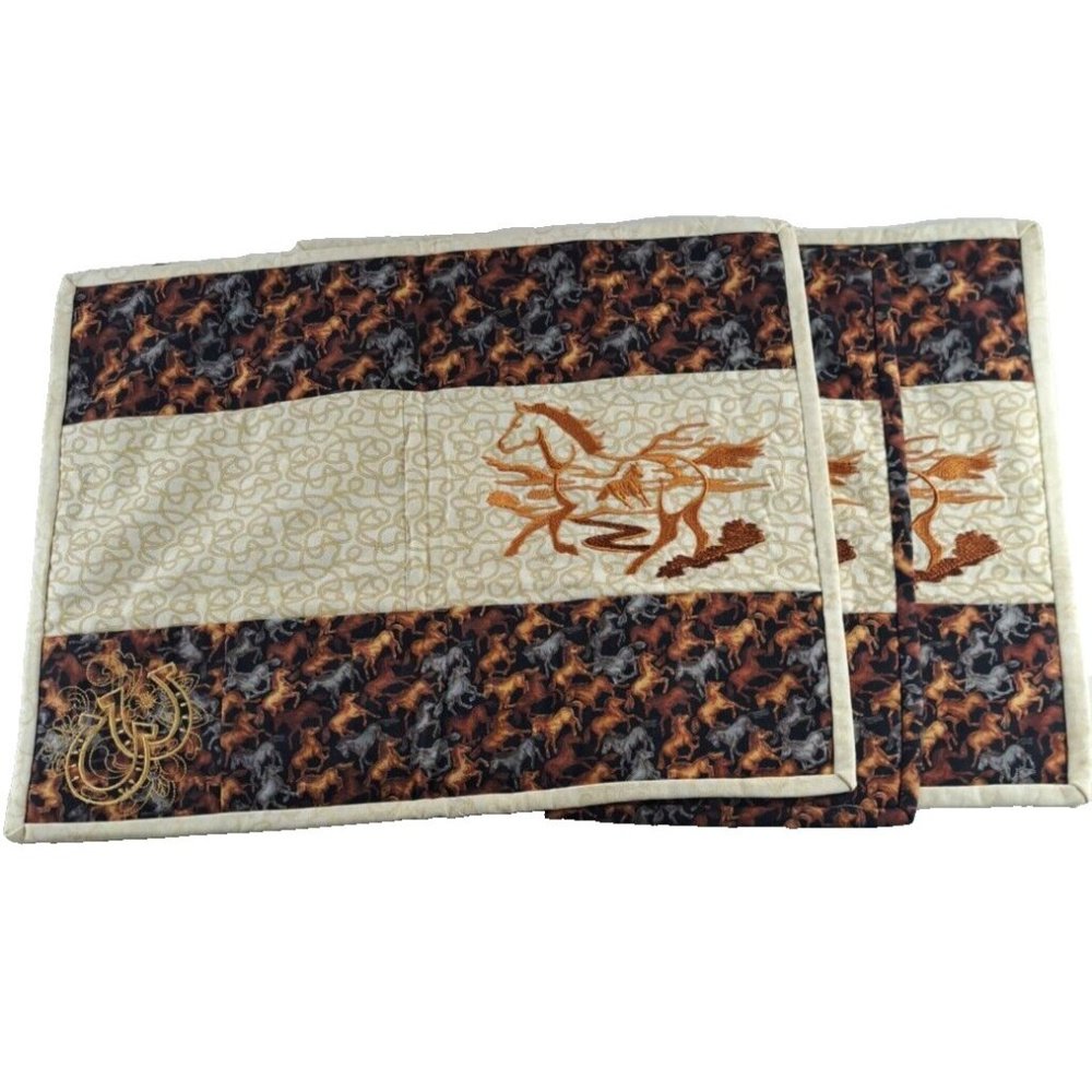 Quilted Placemats Horses Horseshoes Set Of 3 Reversible Western Handmade 14.5x18